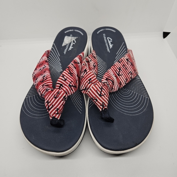 Clarks Cloudsteppers Arla Glison thong sandals red navy blue nautical size 8M - Picture 2 of 9